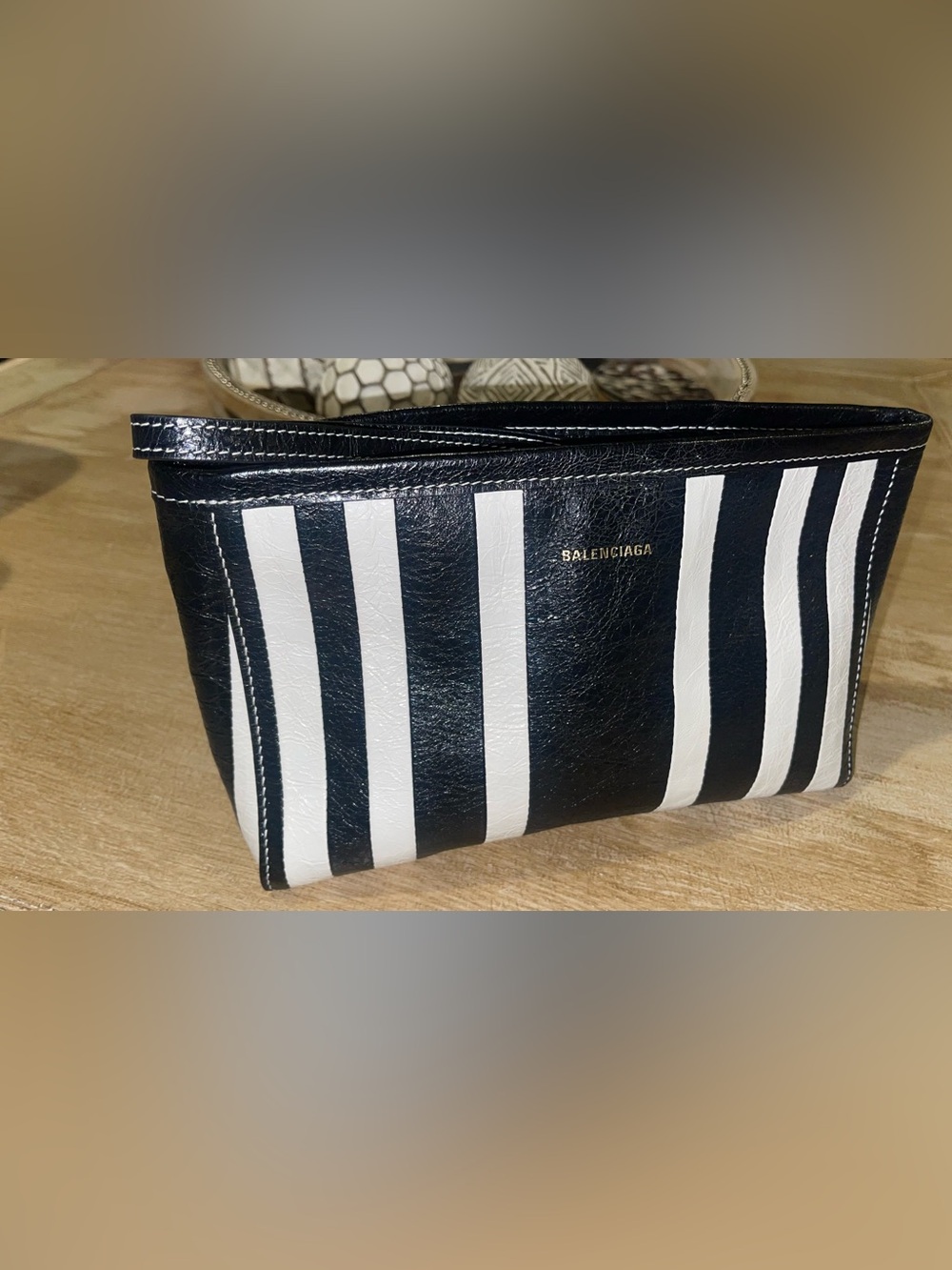 Authentic Balenciaga Black & White Striped barbes clutch in excellent condition